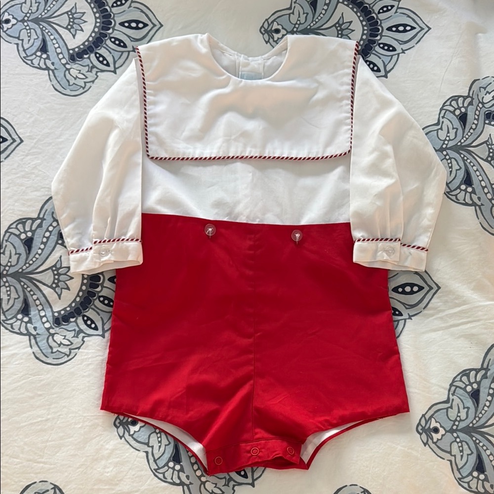 Red and White Baby Romper with adorable piping detail 18M